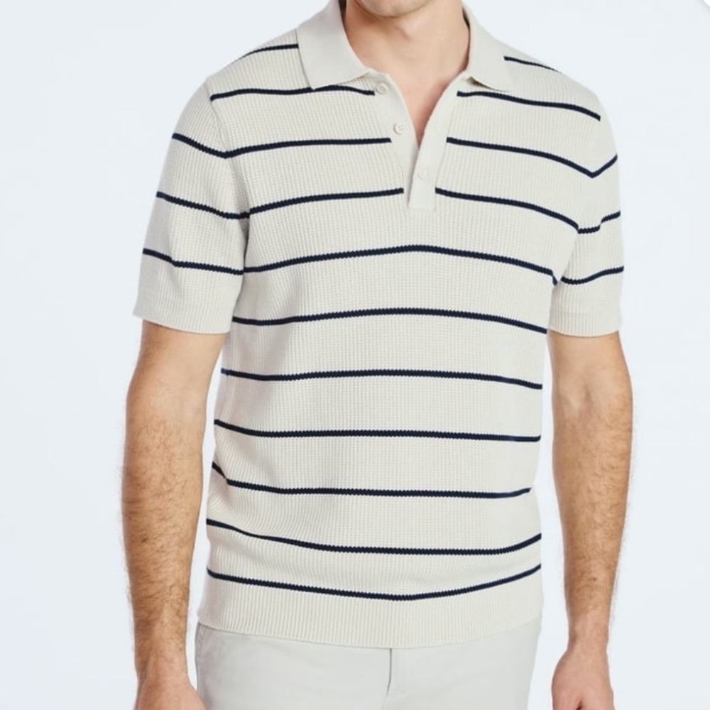 Free Assembly Mens Textured Stripe Polo Shirt Khaki Navy 2XL Preppy Old Money NW